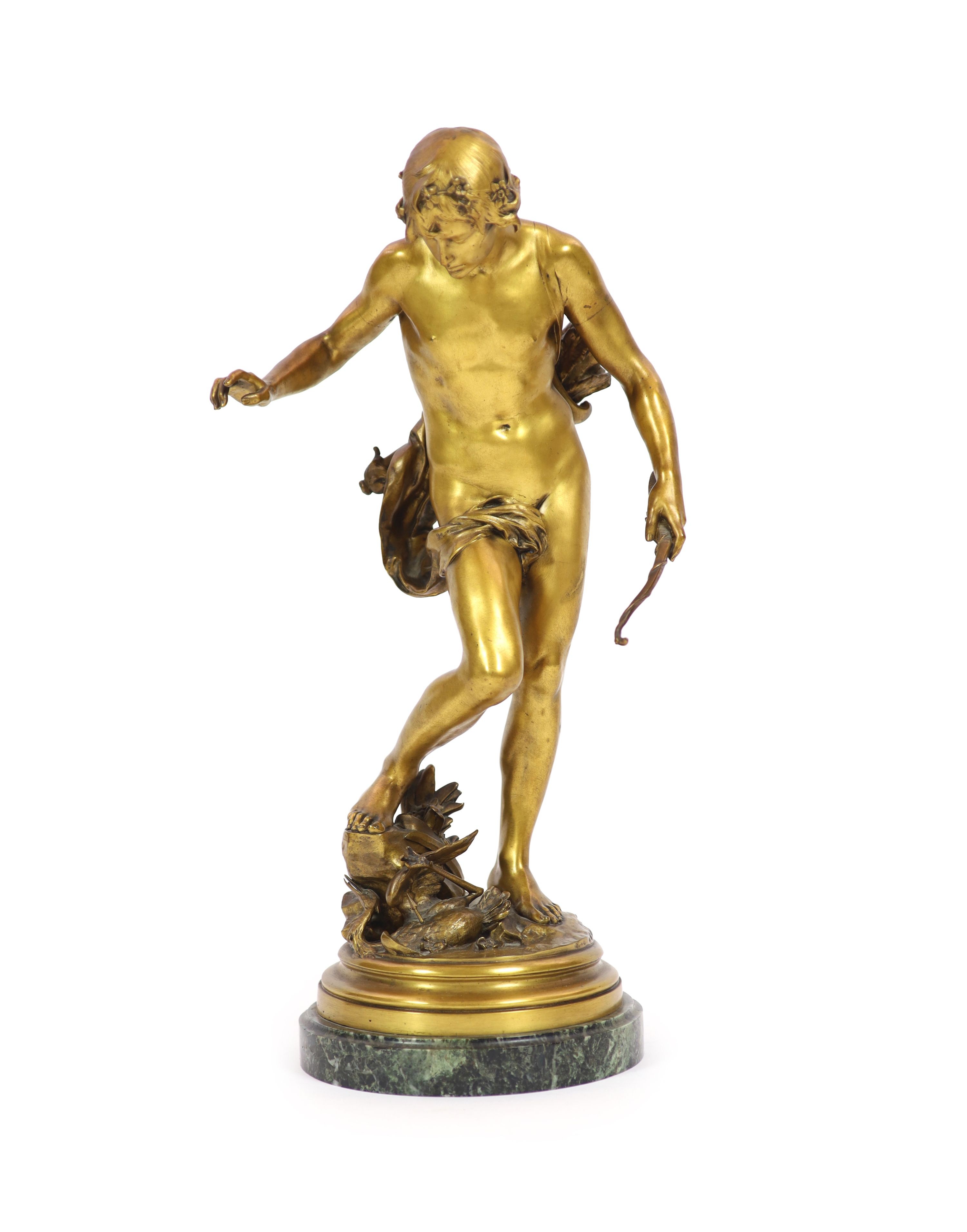 Eugene Quinton (1853-1892) a large gilt bronze figure ‘The Young Hunter’, H 61 cm.